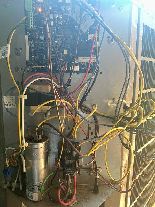 Diagnosed failed control board and defective thermistor on HVAC unit. Ordered replacement control board and thermistor for installation upon arrival at shop. Documented existing wiring configuration and system components including capacitor and heat exchanger coils to ensure proper reassembly during repair completion.