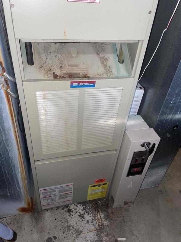 Evaluated dual-zone HVAC system with two 30-year-old air conditioning units and two 70% efficiency furnaces. Main floor AC system found completely empty of refrigerant, while second system (2005, R22) had failed capacitor and burnt contactor wiring. Provided comprehensive replacement estimate options ranging from single AC unit replacement to complete dual-system changeout including both air conditioners and furnaces, explaining efficiency benefits of complete system replacement versus partial upgrades.