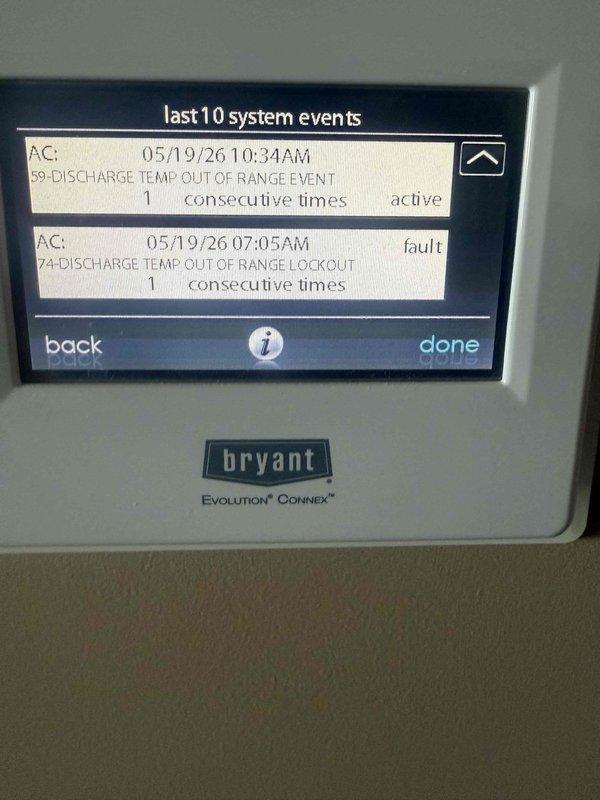 Responded to service call for 2015 Bryant Evolution Connex AC system displaying error codes and condenser communication failure. Upon arrival, accessed thermostat diagnostics revealing multiple active and resettable faults including Code 59 (Discharge Temp Out of Range Event - 7 occurrences), Code 74 (Discharge Temp Out of Range Lockout), Code 61 (Fan Inverter Fault - 2 occurrences), Code 65 (DC Volts Low/Speed Limiting - 21 occurrences), and Code 67 (Stator Heater Fault - 15 occurrences). Documented fault history and system events through thermostat interface, photographed diagnostic screens for record-keeping, and assessed compressor discharge temperature sensor and inverter board issues requiring further troubleshooting or component replacement.