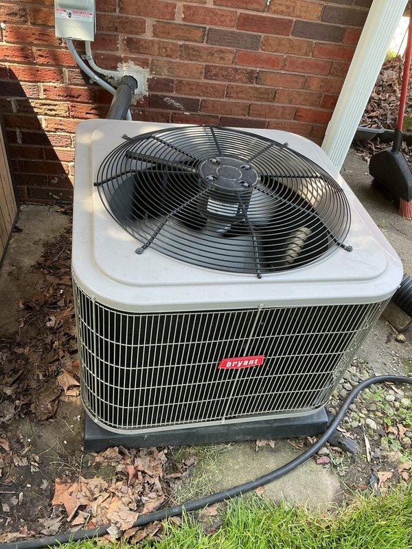 Completed comprehensive Gold AC inspection on 5-year-old air conditioning system with air handler located in basement. Inspected outdoor condensing unit positioned on concrete pad against exterior brick wall, noting unit operational with proper electrical connections and refrigerant lines secured. Advised customer that debris including fallen leaves and twigs surrounding condenser unit should be cleared to maintain optimal airflow and system efficiency.