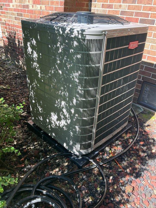 # HVAC Maintenance - Gold AC Inspection

Completed comprehensive Gold Plan preventive maintenance inspection on a 2021 Bryant air conditioning system. Performed thorough examination of outdoor condensing unit positioned against building foundation. Inspected condenser coil fins, noting moderate accumulation of organic debris and surface weathering on exterior casing. Verified refrigerant line connections and electrical conduit routing at unit base. Evaluated fan assembly and protective grille covering for proper operation. Confirmed equipment operational status with homeowner present. Documented basement-located air handler and evaporator coil accessibility. System currently functioning as designed with no immediate service requirements identified. Photographically documented equipment condition showing seasonal leaf debris accumulation around unit perimeter and exterior surface weathering patterns. All safety checks completed satisfactorily. Unit ready for continued operation with pla