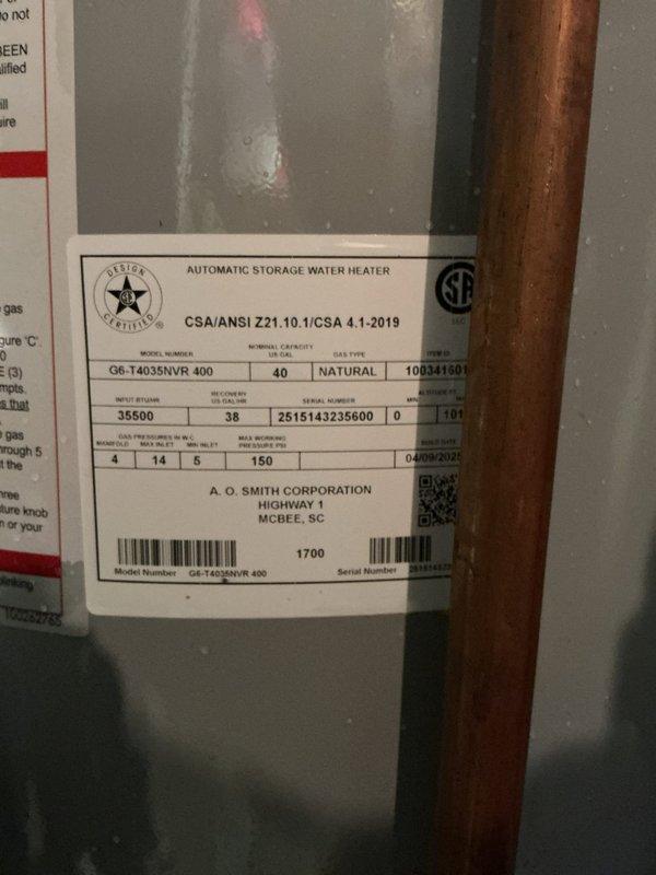 Replaced anode rods on two separate water heaters to prevent tank corrosion and extend equipment lifespan. One unit serviced was an A.O. Smith 40-gallon natural gas water heater (Model G6-T4035NVR 400). Both anode rods were successfully removed and new rods installed per manufacturer specifications to maintain warranty compliance and optimal tank protection.