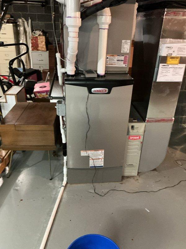 Responded to no-cool complaint on brand new AC/furnace installation where indoor blower was running continuously, preventing proper cooling operation. Diagnosed and corrected thermostat configuration issue causing fan to remain in constant operation rather than cycling with compressor demand. Verified proper system operation with furnace blower responding correctly to thermostat calls, allowing AC unit to cycle normally and achieve proper cooling performance.