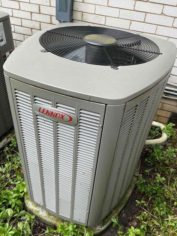 Completed comprehensive Gold AC inspection on Lennox condenser unit under 10 years old with air handler located in basement. System confirmed operational and performing properly. Advised customer to maintain clear area around outdoor condenser unit, removing any debris and animal waste to ensure proper airflow and optimal equipment performance.