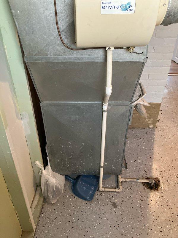 Provided comprehensive replacement estimate for basement HVAC system including two quote options: first option covers gas furnace, humidifier, and thermostat replacement; second option includes gas furnace, humidifier, thermostat, and air conditioning unit replacement. Existing 10+ year old equipment is non-operational. Site assessment documented current Honeywell Enviracare Elite air treatment component, existing furnace with copper refrigerant lines, PVC condensate drainage system, and basement installation configuration for natural gas heating system replacement specifications.