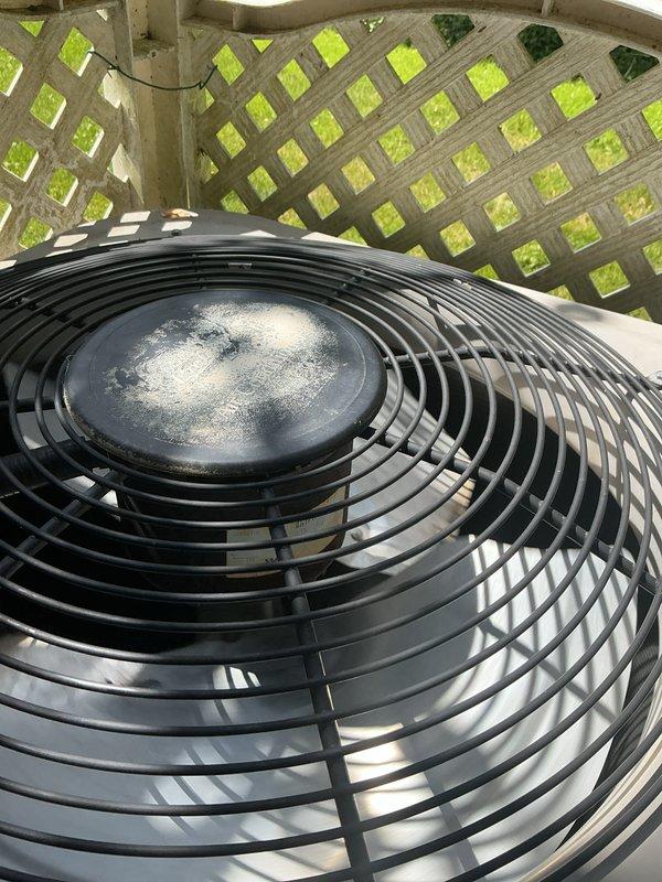 Completed comprehensive Gold AC inspection on two residential air conditioning systems with equipment dating from 1995, 2002, and 2013. Air handlers located in upstairs closet and basement, with condenser units positioned on outdoor wooden deck area. Performed thorough visual inspection of both systems, including examination of condenser fan assemblies, protective grilles, and overall equipment condition. Advised customer that area surrounding condenser units needs to be maintained clear of debris and animal waste to ensure proper airflow and system efficiency. Documented equipment condition through photographic inspection showing condenser fan blades, protective grilles, and outdoor placement. Both systems operational at time of inspection with components showing age-appropriate wear consistent with installation dates.