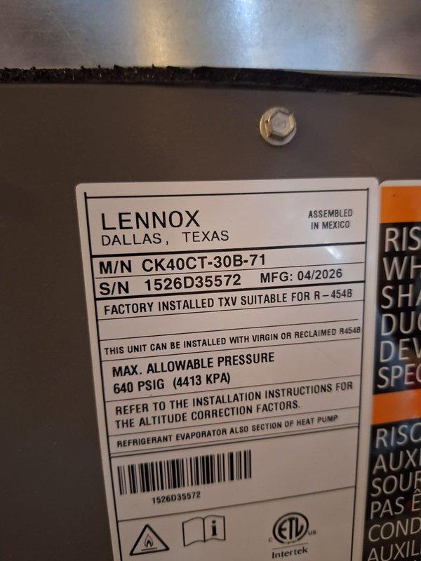 Successfully completed installation of a 2.5-ton Lennox air conditioning system with matching evaporator coil at residential property. Installed Lennox model CK40CT-30B-71 evaporator coil factory-equipped with TXV suitable for R-454B refrigerant. Positioned new condenser unit on concrete pad in rear yard with proper clearances and mounted securely. Ran and connected refrigerant lines from outdoor condenser to indoor coil using proper brazing techniques. Completed all electrical connections and reconnected system to existing power supply. Evacuated system, charged with appropriate refrigerant per manufacturer specifications, and verified proper operating pressures and temperatures. All mechanical, electrical, and air conditioning permits were obtained prior to installation. System tested and operational upon completion.