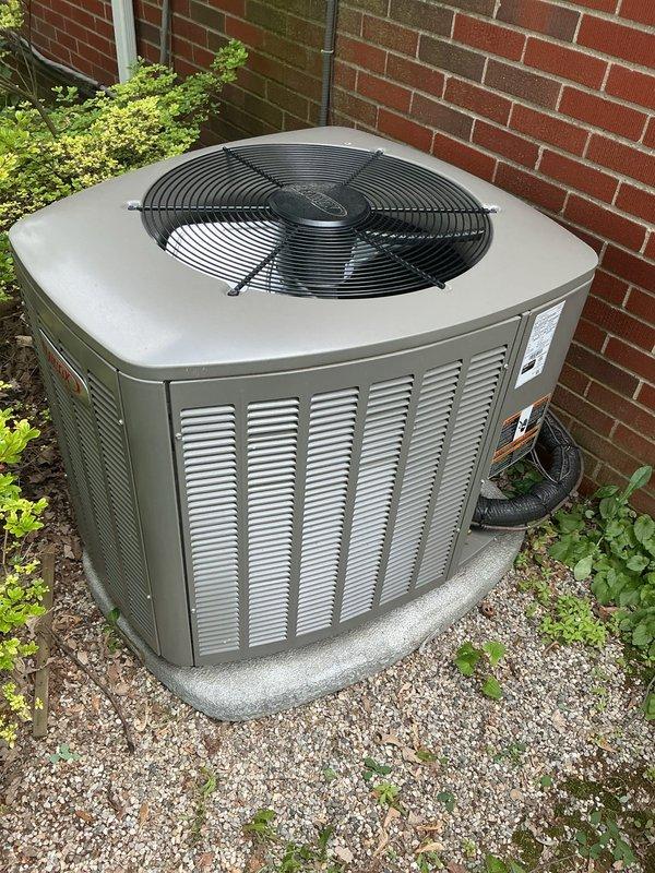 Completed comprehensive Gold AC inspection on residential cooling system under 10 years of age with air handler located in basement. Unit confirmed operational and performing within normal parameters. Inspected outdoor condenser unit positioned on concrete pad against brick exterior, noting satisfactory condition with proper clearances maintained. Evaluated indoor air handler and Bradford White water heater installation in basement utility area. Advised customer to maintain clear area around condenser unit, ensuring removal of debris and animal waste for optimal airflow and system efficiency.