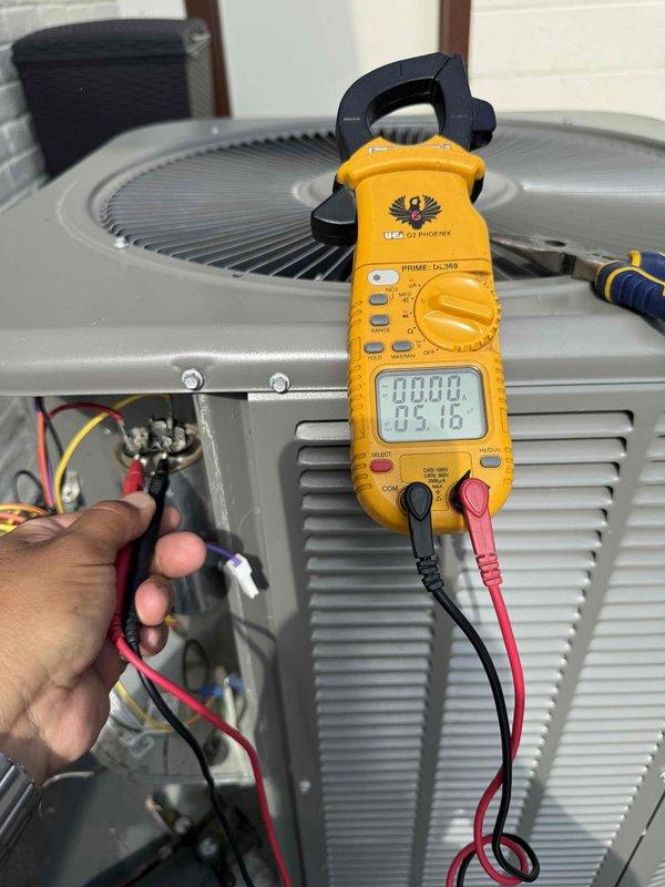 Responded to service call for thermostat not matching set temperature on 10+ year old cooling system located in basement. Performed diagnostic testing on outdoor condensing unit using digital multimeter to measure electrical values and amp draw. Checked capacitor, compressor, and control wiring connections for proper voltage and current flow. All electrical components tested within normal operating parameters. Verified proper communication between thermostat and outdoor unit, ensuring accurate temperature control and system cycling.