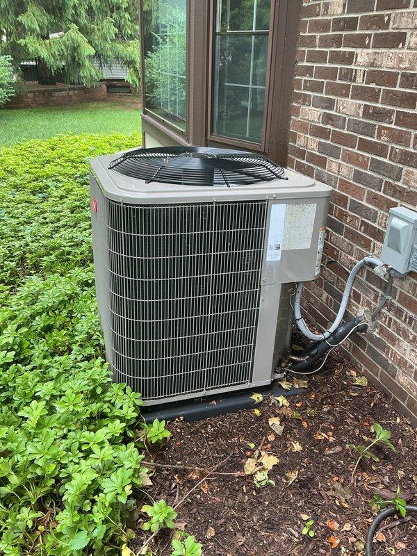 Completed routine summer startup and Gold AC inspection on a 10-year-old residential air conditioning system located at the rear of the property. Performed comprehensive tune-up including inspection of the outdoor condenser unit, verified proper operation of all components, checked refrigerant levels, cleaned condenser coils, and tested electrical connections. Unit is operating within normal parameters and ready for the cooling season.