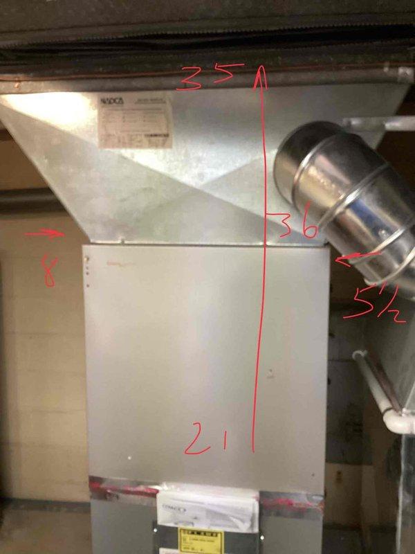 Evaluated 9-year-old air conditioning system in basement that would not start or turn on. Documented existing HVAC air handler unit with detailed measurements for replacement equipment sizing, including electrical requirements of 35A, unit dimensions, and ductwork specifications. Provided comprehensive replacement estimate with photographic documentation of current system configuration and installation environment.