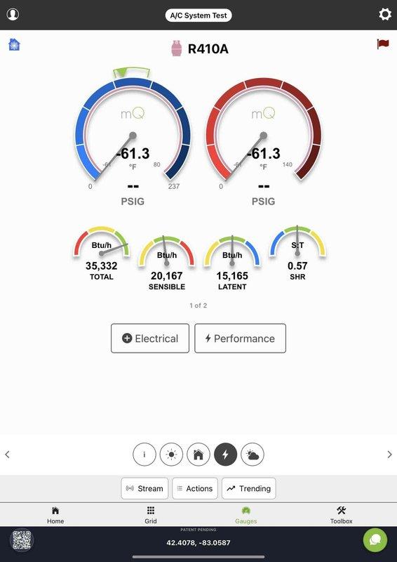 Responded to service call for non-functional thermostat in front room of residence. Removed and replaced 7-8 year old failed thermostat unit. Accessed HVAC furnace cabinet to verify proper wiring connections and system compatibility. Performed complete A/C system diagnostics using R410A refrigerant testing equipment, confirming proper system operation with total capacity of 35,332 Btu/h, sensible heat of 20,167 Btu/h, and latent heat of 15,165 Btu/h with sensible heat ratio of 0.57. Verified all electrical connections, control board functionality, and thermostat communication with furnace and air conditioning system. System tested and operating within normal parameters.