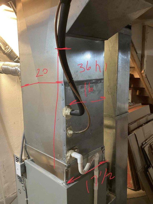 Provided estimate for replacement of 26-year-old non-operational air conditioning system. Assessed existing outdoor condenser unit and indoor furnace configuration in basement location, documenting equipment specifications and measuring existing ductwork connections. Marked concrete foundation areas requiring core drilling for new refrigerant line penetrations to accommodate replacement AC installation.