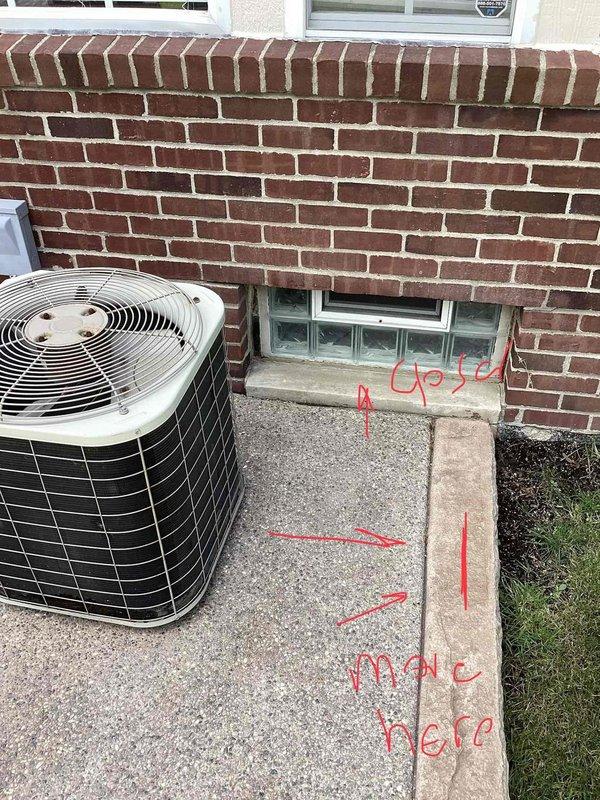 Provided estimate for replacement of 26-year-old non-operational air conditioning system. Assessed existing outdoor condenser unit and indoor furnace configuration in basement location, documenting equipment specifications and measuring existing ductwork connections. Marked concrete foundation areas requiring core drilling for new refrigerant line penetrations to accommodate replacement AC installation.