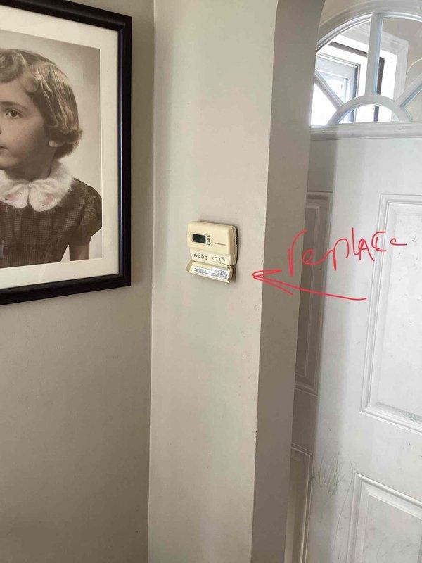 Provided comprehensive estimate for complete HVAC system replacement including air conditioning unit and natural gas furnace located in basement. Existing 10+ year old equipment currently operational but performing below optimal efficiency standards. Documented existing thermostat marked for replacement and inspected air handler components and ductwork configuration to determine proper equipment sizing and installation requirements for new system.