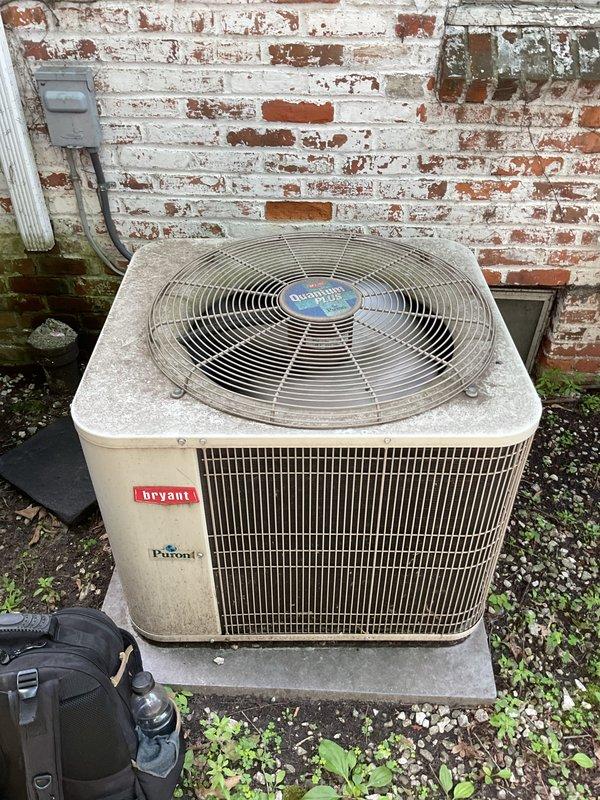 Completed comprehensive AC tune-up and seasonal maintenance inspection on 12-year-old Bryant air conditioning system with Puron refrigerant. Performed standard preventive maintenance procedures on outdoor condensing unit, including visual inspection of cabinet condition, fan assembly, and electrical connections. Unit operational and ready for summer cooling season.