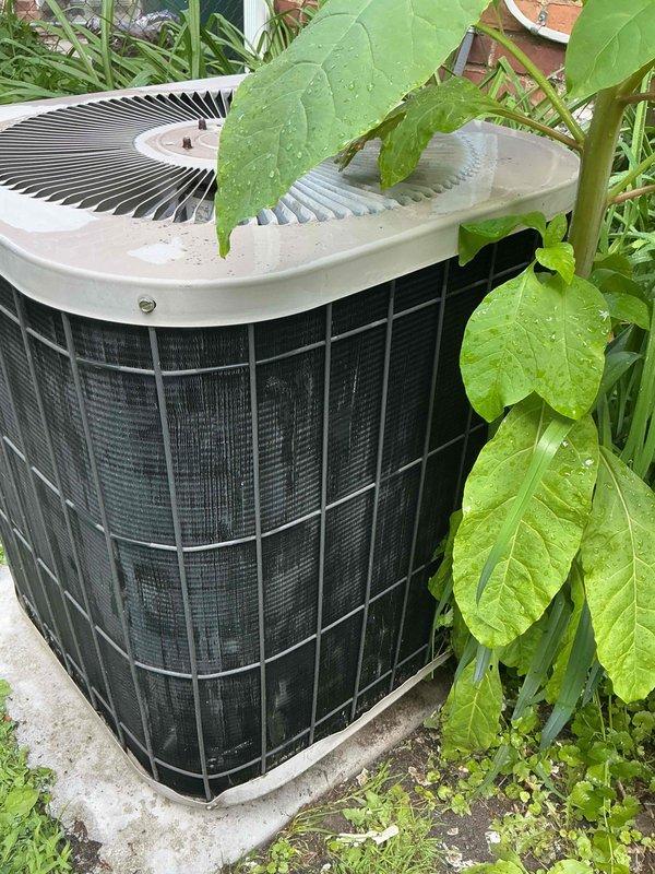 # HVAC Maintenance - Gold AC Inspection Completed

Performed comprehensive Gold-level AC inspection and tune-up on residential air conditioning system. Conducted thorough evaluation of outdoor condenser unit, which was found to be in operational condition with cylindrical design and protective black metal grille cage.

## Key Findings and Actions:

**Outdoor Unit Assessment:**
- Inspected condenser unit positioned on concrete pad with weathered surface showing typical outdoor wear
- Evaluated fan assembly and top cap components - all functioning properly
- Identified vegetation overgrowth issue with large-leafed plants making direct contact with unit top and sides, restricting airflow
- Recommended immediate clearance of vegetation to maintain minimum 24-inch clearance around unit for optimal performance and longevity

**System Infrastructure Inspection:**
- Documented deteriorated foundation area near HVAC system showing significant concrete damage
- Observed broken concrete section w