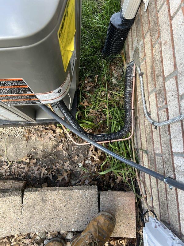 Completed installation of 3-ton air conditioning system with matching evaporator coil on left side of residence. Installed new outdoor condensing unit on rubber isolation pad, ran electrical disconnect and control wiring through weatherproof conduit along brick foundation, and reconnected all refrigerant lines and electrical connections. System tested and verified operational with proper airflow and cooling performance.
