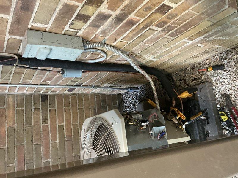 Completed sold repair for HVAC system reconnection. Successfully reconnected condenser unit to air handler system in attic space, restoring proper refrigerant line connections and electrical continuity. Verified all copper refrigerant lines were properly secured and sealed, tested system operation, and confirmed unit is functioning correctly. System now operational with proper airflow and cooling capacity restored.