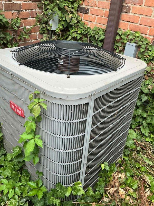 Completed comprehensive Gold AC inspection on 10+ year old single-unit residential air conditioning system with outdoor condensing unit and attic-located air handler. Performed full system evaluation including visual inspection of condenser unit positioned against exterior brick wall, verified operational status of all components, and documented equipment condition through photographic records. Noted vegetation encroachment around condenser unit requiring customer attention for optimal airflow and system efficiency.