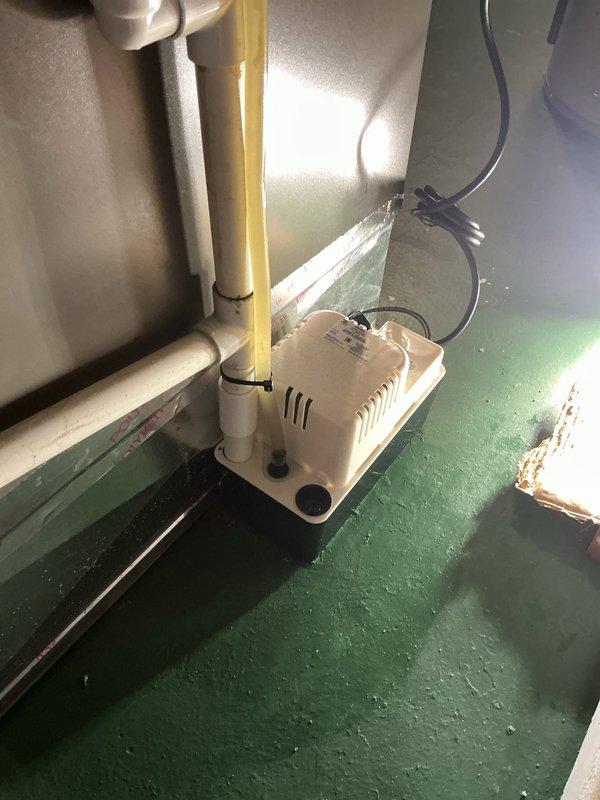 Responded to water leak affecting basement floor in 80-year-old residence. Upon inspection, identified condensate pump located adjacent to furnace as source of leak that had been active for two days. Inspected pump unit, associated PVC drainage lines, and electrical connections. Assessed pump functionality and drainage system integrity. Addressed leak issue to prevent further water damage to basement floor. Documented conditions with photographs showing pump installation, piping configuration, and affected flooring area.