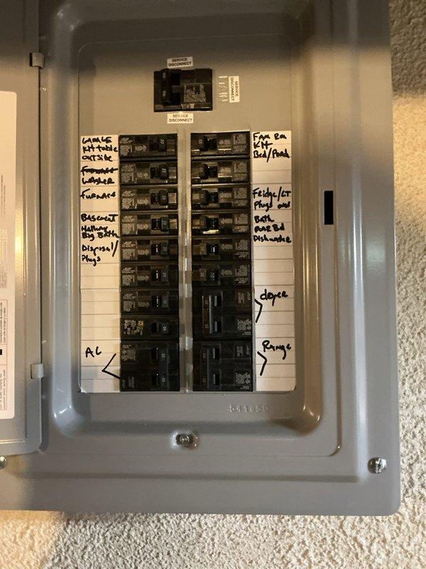 Conducted comprehensive electrical panel assessment at residential property. Evaluated existing Eaton brand main service panel with dual-column breaker configuration serving multiple circuits including laundry room, hall bathrooms, garage, family room, kitchen, bedrooms, range, dryer, disposal, basement, and air conditioning system. Documented current panel condition, circuit labeling, and breaker arrangement. Photographed panel interior showing circuit breaker layout and handwritten circuit identification markings on enclosure door. Inspected associated electrical components and wiring in utility area. Provided detailed evaluation and recommendations for electrical panel upgrade or replacement based on current system capacity, code compliance requirements, and homeowner needs.