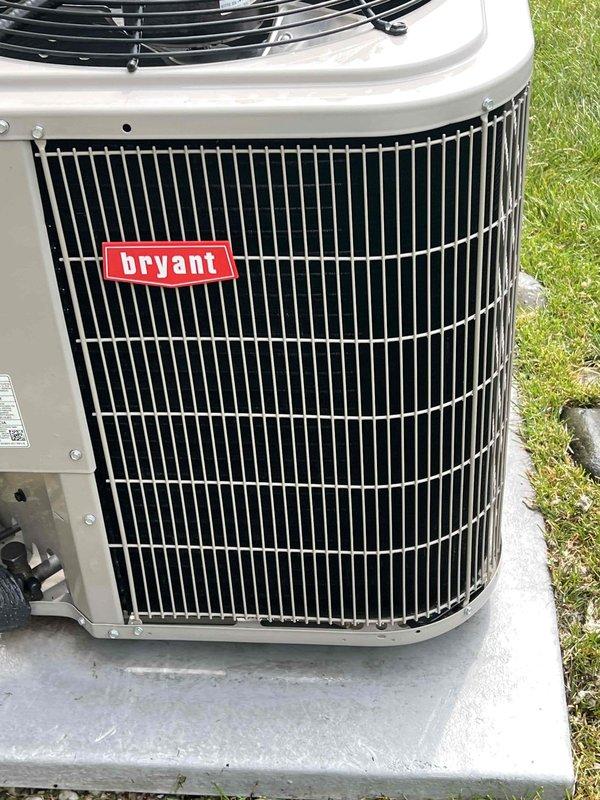 Completed Gold AC Inspection on Bryant air conditioning system with air handler located in basement. Performed comprehensive inspection of outdoor condenser unit, which was found in good operational condition with clean exterior housing and properly functioning components. Replaced Totaline LBP/600/700/760 humidifier water panel pad to ensure proper humidification throughout the home.