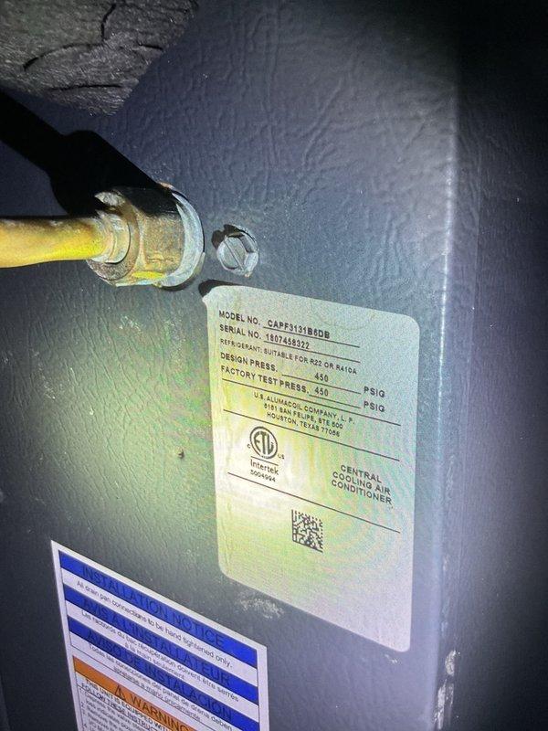 Completed preventive maintenance tune-up on 8-year-old Bradford White central cooling air conditioner unit (Model: CAPF3131BFDB) located at exterior of property. Performed standard inspection protocol including visual assessment of refrigerant lines, electrical connections, and system components. Verified proper operation of safety systems and controls, inspected copper refrigerant piping and brass fittings for integrity, and confirmed gas line connections were secure with no visible leaks. Unit operating within normal parameters with no deficiencies noted. Discussed available annual maintenance plan options for both air conditioning and furnace systems to ensure continued optimal performance and equipment longevity.