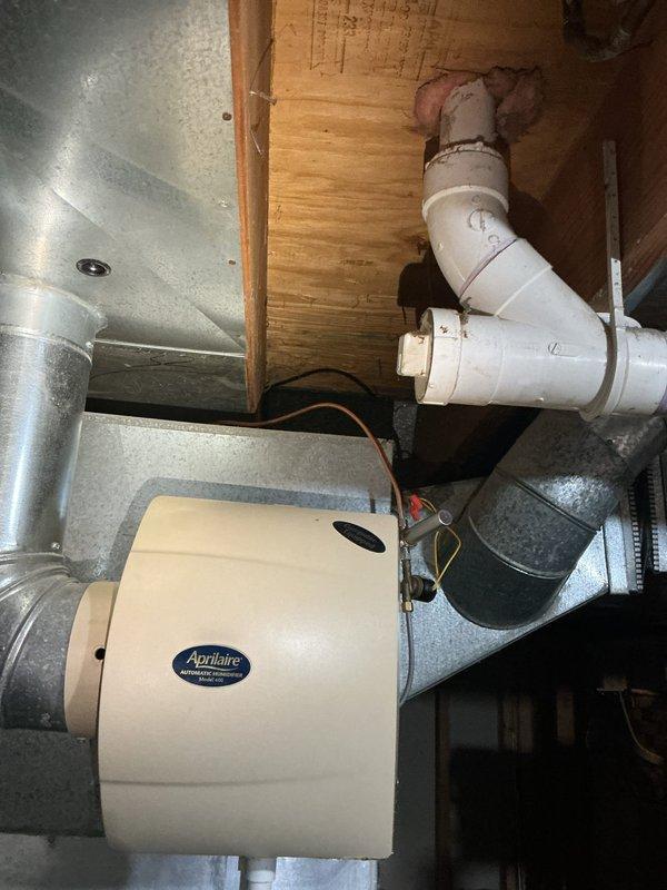 Assessed plumbing requirements for upcoming Aprilaire humidifier installation in basement utility area. Determined need for new shut-off valve and dedicated water supply line to support HVAC humidifier system being installed by HVAC technician. Coordinated with office to schedule humidifier installation upon completion of plumbing work.