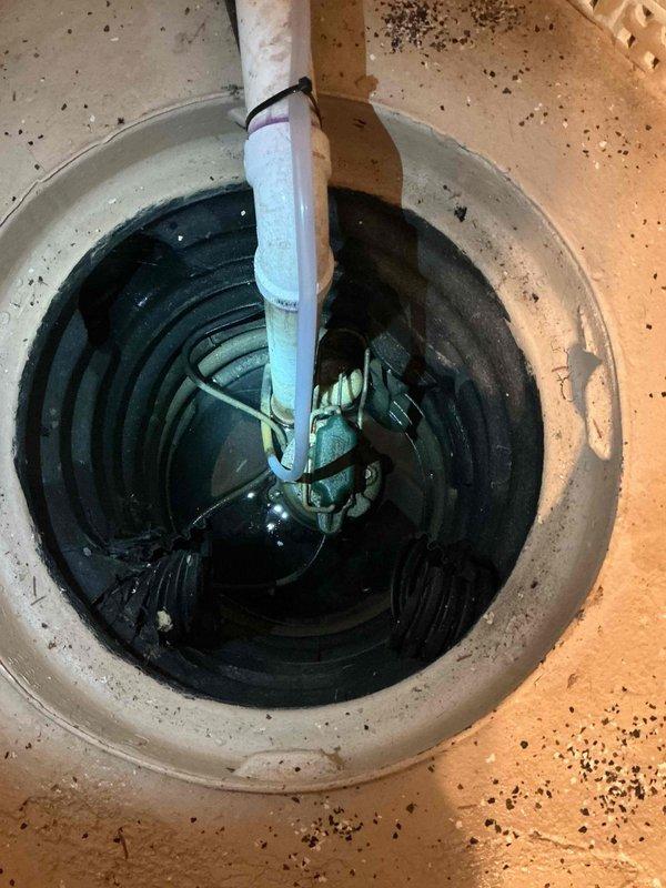 Conducted on-site evaluation of existing sump pump system located in basement area. Assessed current sump pump basin installation with elevated water level and operational green submersible pump unit secured with PVC discharge piping. Inspected exterior discharge line routing, including black corrugated drainage pipe extending from foundation along white-sided structure into landscaped area with appropriate drainage away from building. Provided comprehensive estimate for sump pump system replacement or repair based on observed conditions and homeowner requirements.
