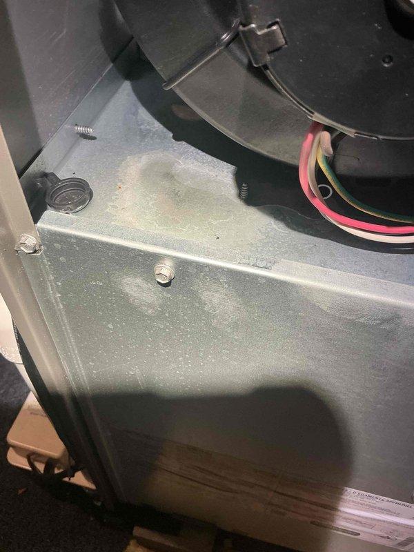 Responded to warranty call for water leak on 10-month-old furnace located in basement. Upon inspection, discovered deteriorated and damaged foam insulation on condensate drain line allowing moisture accumulation. Replaced compromised insulation material and verified proper drainage from condensate system. Inspected blower assembly and internal components for water damage, confirmed no secondary issues present. Unit tested and operating within normal parameters with no further leakage detected.