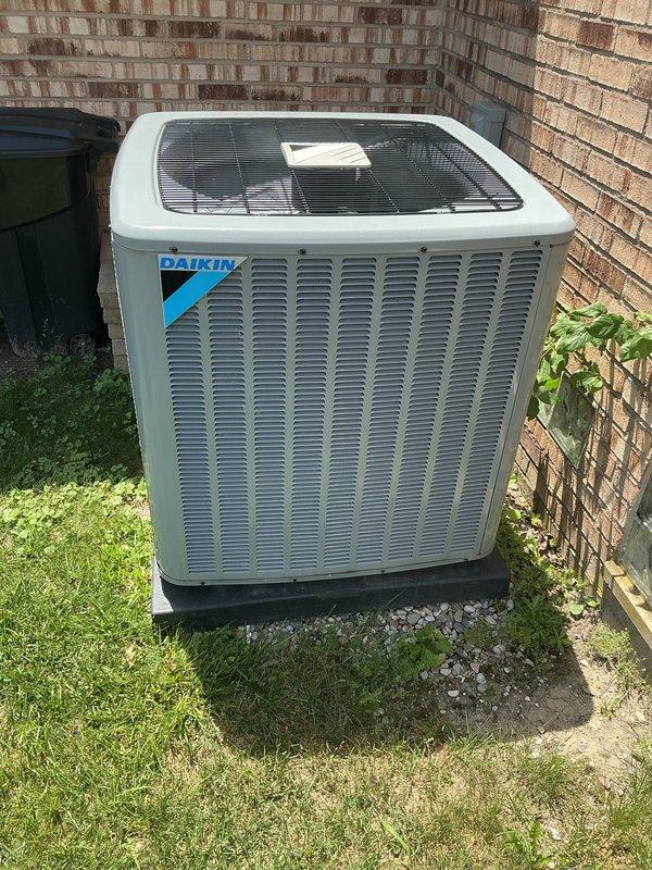 Completed comprehensive Gold AC inspection on 2022 Daikin condenser unit and basement air handler. Unit operating properly with all components functioning within normal parameters. Advised customer to maintain clear area around outdoor condenser, removing any debris and animal waste to ensure optimal airflow and system efficiency.
