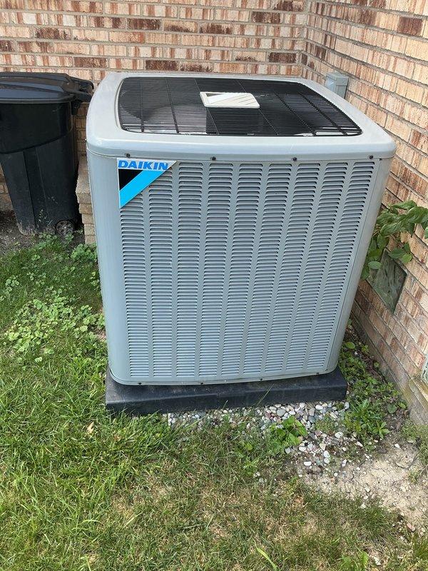 Completed comprehensive Gold AC inspection on 2022 Daikin condenser unit and basement air handler. Unit operating properly with all components functioning within normal parameters. Advised customer to maintain clear area around outdoor condenser, removing any debris and animal waste to ensure optimal airflow and system efficiency.