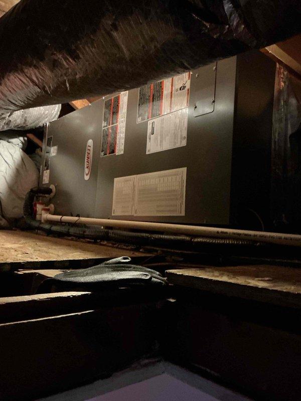 Completed two-day installation of new air handler system in attic space and A/C condenser unit in left side yard. Installation included new drain pan, wet switch, condensate pump, refrigerant line set with insulation, and electrical reconnection. Mechanical, electrical, and HVAC permits were obtained prior to work commencement, and final remeasure was performed to verify specifications.