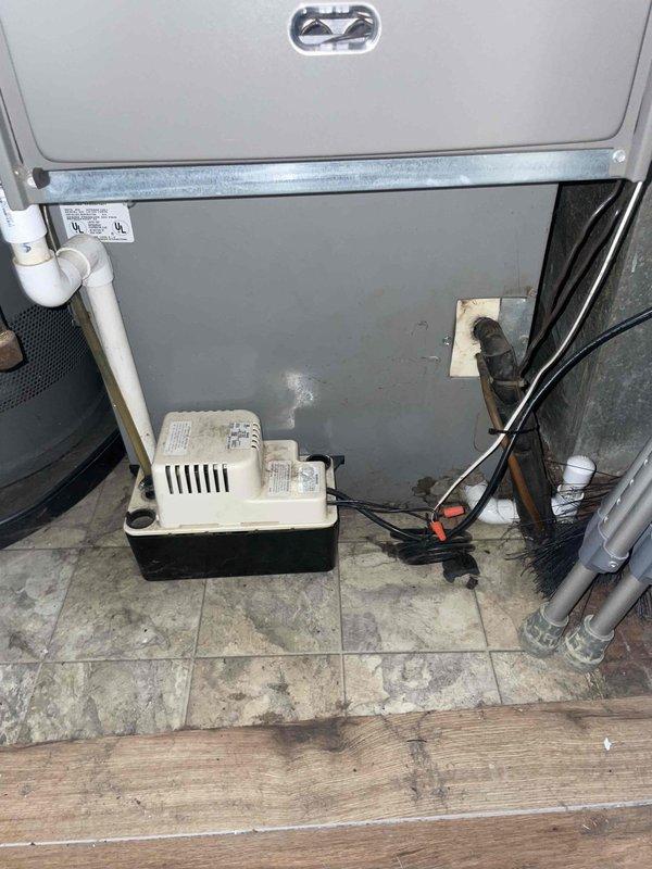Conducted estimate for replacement of 10+ year old outdoor HVAC unit currently in working condition. Assessed existing natural gas furnace system located in basement utility area with condensate pump, PVC drainage lines, and metal ductwork. Documented current equipment configuration including drain system with purple coupling connections, silver metal supply ductwork with protective insulation, and condensate removal apparatus to provide comprehensive replacement options for aging residential heating and cooling system.