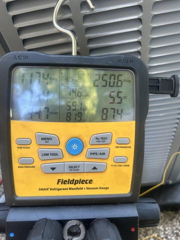 Completed full HVAC system installation including removal of existing lowboy furnace and installation of new 70,000 BTU furnace, 2-ton air conditioning unit with rear discharge configuration, programmable thermostat, humidifier, and furnace liner. Performed all mechanical and electrical connections, verified proper refrigerant charge and system pressures using manifold gauges showing appropriate subcooling readings, reconnected existing condensate pump, and confirmed all equipment operational per manufacturer specifications.