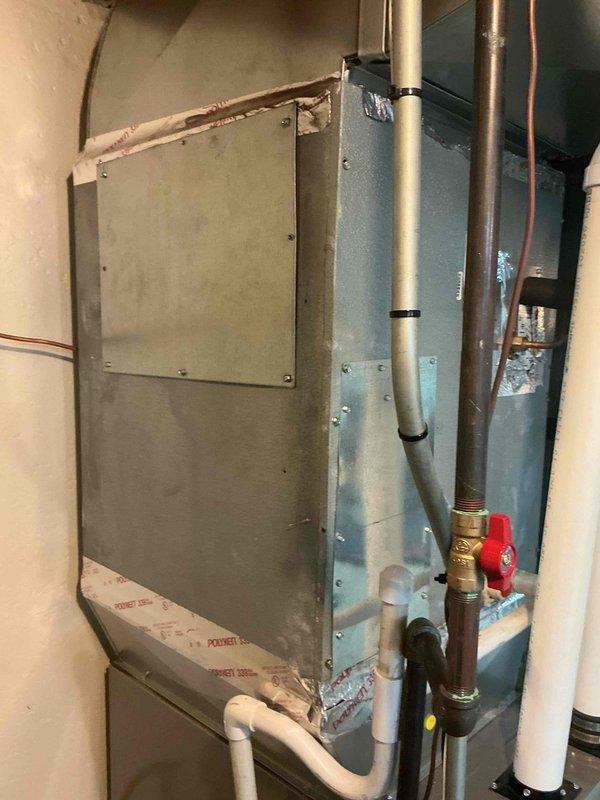 Performed leak search on residential HVAC system in response to customer concern. Conducted thorough inspection of Bryant furnace, associated ductwork, refrigerant lines, and condensate drainage system. Documented equipment condition and connections with photos for service records.