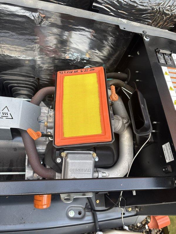 Completed routine maintenance on a 24 KW Generac generator unit, including inspection of the air filter, engine components, and control systems. Performed maintenance reset procedure via the SYNC 3.0 control panel and verified all operational functions. Unit was found in working condition with all safety systems functioning properly.