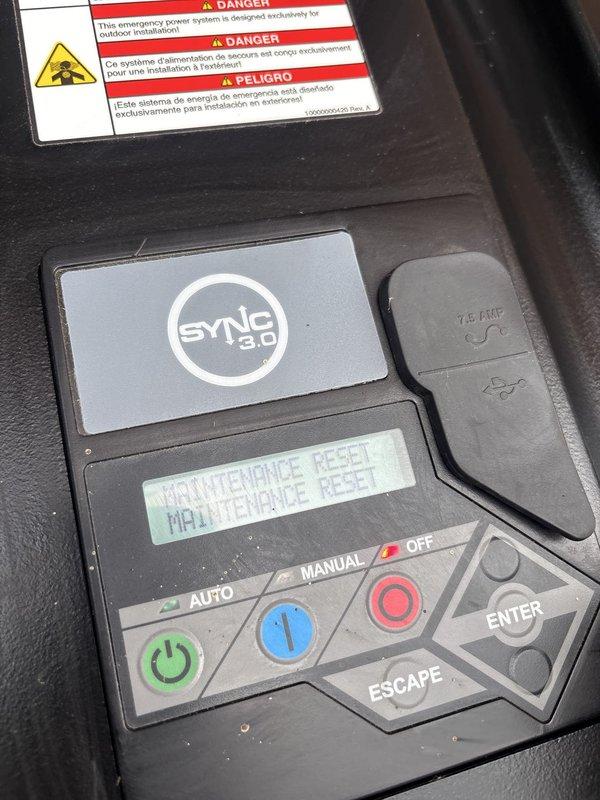 Completed routine maintenance on a 24 KW Generac generator unit, including inspection of the air filter, engine components, and control systems. Performed maintenance reset procedure via the SYNC 3.0 control panel and verified all operational functions. Unit was found in working condition with all safety systems functioning properly.