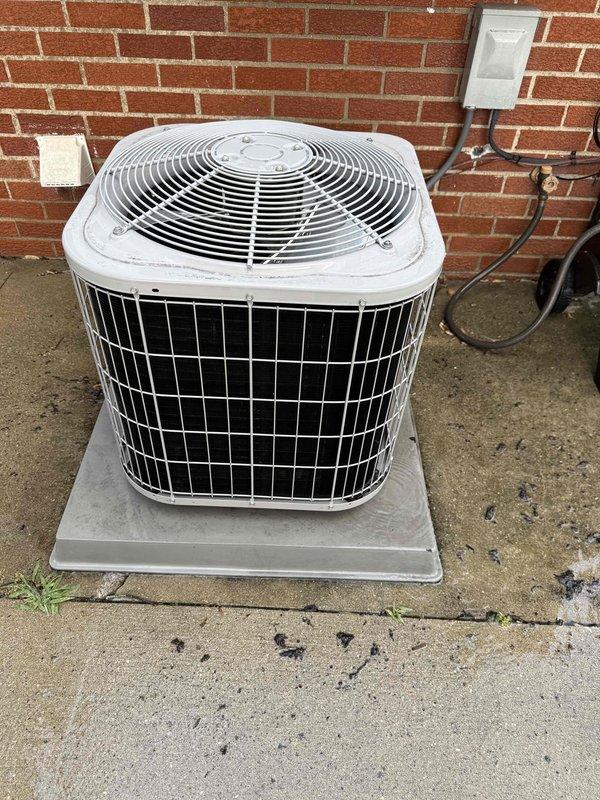 Completed annual Gold Member AC tune-up and inspection on 13-year-old Carrier cooling system. Performed comprehensive maintenance including condenser unit examination, electrical disconnect verification, refrigerant line inspection, and airflow assessment. System confirmed operating properly with all components functioning within normal parameters; outdoor unit properly positioned on concrete pad with adequate clearance and ventilation through mesh grilles and fan assembly.