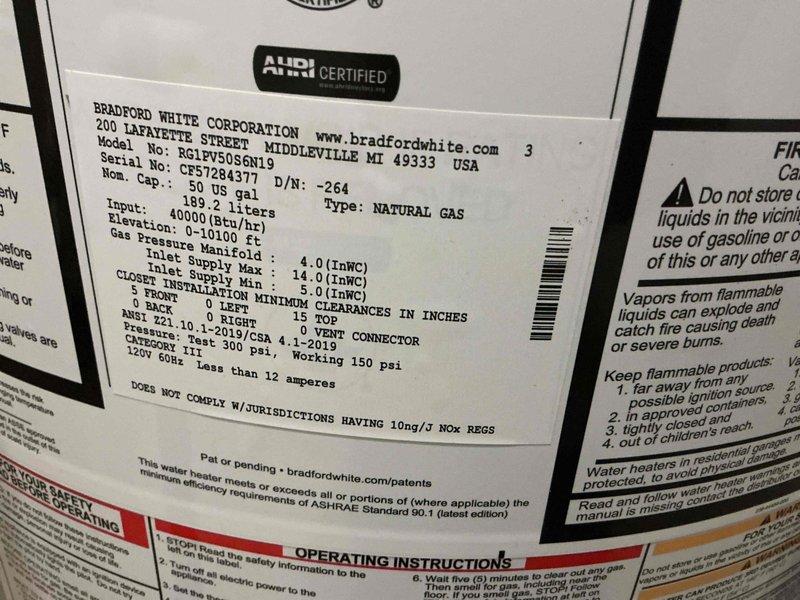 Installed a Bradford White 50-gallon power vent water heater, model RG1PV50S6N19, rated at 40,000 BTU/hr for natural gas operation. The unit was properly positioned, connected to existing gas and water lines, and the power vent system was configured to manufacturer specifications with appropriate clearances maintained. All connections were tested and verified operational upon completion.