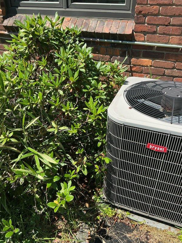 Completed comprehensive Gold AC Inspection on 10+ year old Bryant outdoor condensing unit located adjacent to home exterior. Performed thorough visual assessment of equipment condition, verified operational status of system components including fan assembly, motor, and cabinet integrity. Inspected condenser coil protection, mounting stability, and surrounding clearance from landscaping. Documented equipment condition through detailed photography showing unit positioning, fan guard assembly, manufacturer identification, and proper installation against brick foundation. Air handler/coil system located in basement confirmed as part of single-zone residential HVAC system. All major components found intact with unit in working condition at time of inspection.