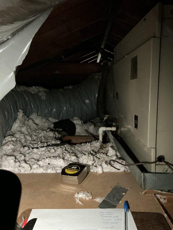 Provided estimate for complete air conditioning system replacement for a 37-year-old non-operational unit with outdoor condenser and air handler located in upstairs crawl space. Assessed existing installation including sagging flexible ductwork, electrical service panel, and attic-mounted blower unit. Property utilizes boiler system for heating, requiring coordination of cooling-only equipment replacement with existing infrastructure.