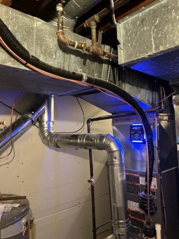 Responded to report of gas odor near furnace in basement. Upon arrival, performed thorough visual inspection of one-month-old heating/cooling system and surrounding gas piping infrastructure. Conducted comprehensive gas leak detection testing on all gas line connections, joints, and fittings associated with furnace installation. Inspected gas valve, supply lines, and union connections for potential leak sources. Utilized combustible gas detector to verify presence and location of any gas leaks throughout mechanical room area.

Examination revealed corroded copper water piping in vicinity of HVAC equipment, showing significant oxidation and green patina buildup on joints and fittings. While water piping corrosion was noted, primary focus remained on gas system integrity. Inspected all accessible gas piping connections, threaded joints, and valve assemblies. Verified proper installation of gas supply line to furnace, checking for loose fittings or improper sealing.

Testing confirmed no 