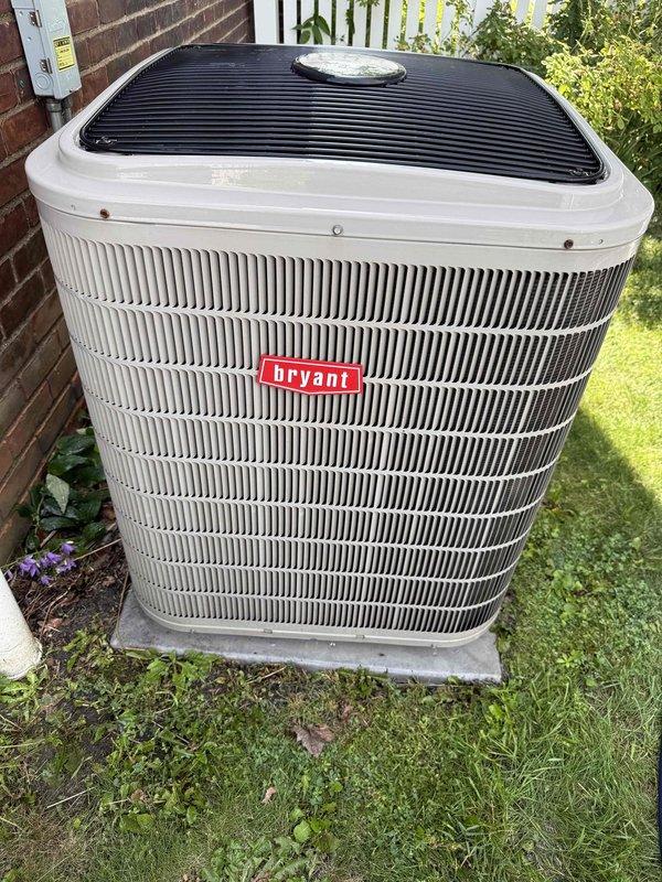 Completed routine seasonal AC tune-up on 12-year-old Bryant condensing unit located on exterior concrete pad. Performed comprehensive maintenance including inspection of condenser coils, refrigerant levels, electrical connections, and fan operation. Replaced 16x25x4 air filter and verified proper system operation with all components functioning within normal parameters.