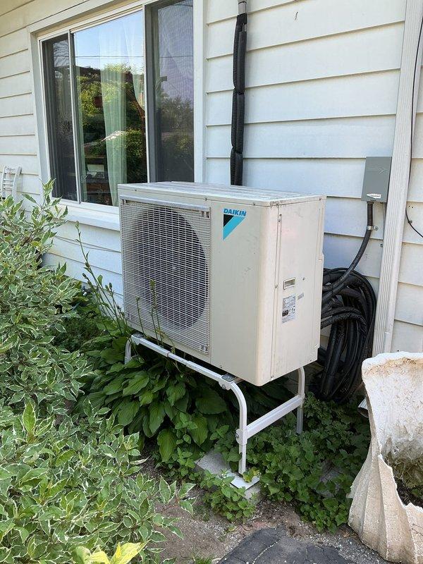Responded to service call for Daikin mini split system with no cooling capability, though indoor fan continued to operate. Diagnosed failed heat pump heat exchanger preventing refrigerant circulation and heat transfer. Ordered replacement heat exchanger under warranty through Williams Distributing Southfield (PO: 1326658-001) with estimated 2-week delivery time for part availability and subsequent installation.