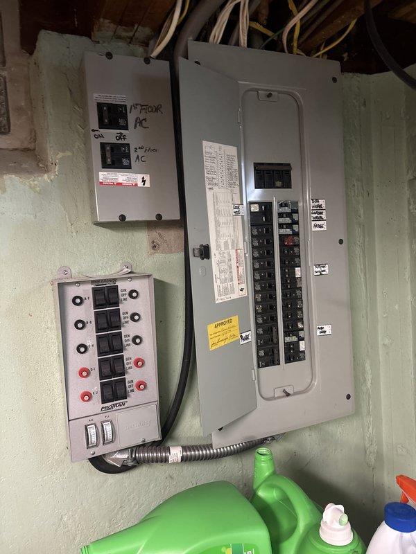 Responded to service call for damaged electrical wiring to second-floor air conditioning unit caused by pet damage. Located compromised wire run in attic space near electrical distribution panel, stripped back damaged section, and installed new wire segment with proper splicing and insulation. Verified circuit integrity, tested breaker operation, and confirmed AC unit received proper voltage and amperage upon restoration of power.