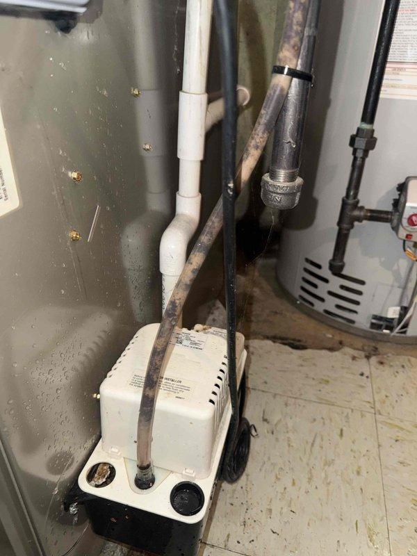 Responded to water leak complaint originating from furnace area in basement. Upon inspection, identified failed condensate pump as source of water discharge, not the adjacent water heater as initially suspected. The 20+ year old furnace's air conditioning system was actively producing condensate, which the malfunctioning pump was unable to properly evacuate, resulting in water overflow onto basement floor near laundry area. Documented existing conditions including corroded copper piping, aging PVC condensate drainage system, and condensate pump unit positioning. Photographed mechanical room layout, pump installation, and associated plumbing connections for service records. Air conditioning system remained operational during inspection.