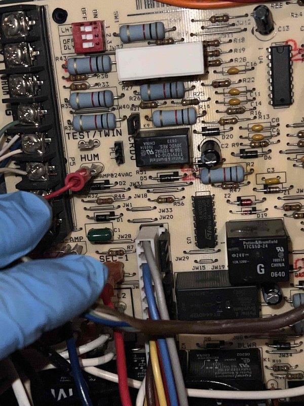 Responded to no cooling complaint on residential air conditioning system. Performed diagnostic inspection of outdoor condensing unit and indoor control board. Identified faulty relay on electronic control board preventing compressor operation. Replaced defective relay, tested system operation, and verified proper cooling function restored. System returned to normal operation with all components functioning within manufacturer specifications.