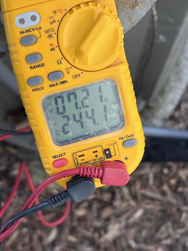 Performed after-hours diagnostic on air conditioning system. Used digital multimeter to test electrical components and measure system parameters including voltage, capacitance, and temperature readings to assess unit performance and identify any operational issues.